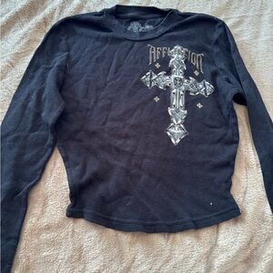 Affliction Black Long Sleeve Tee with Silver Cross Design